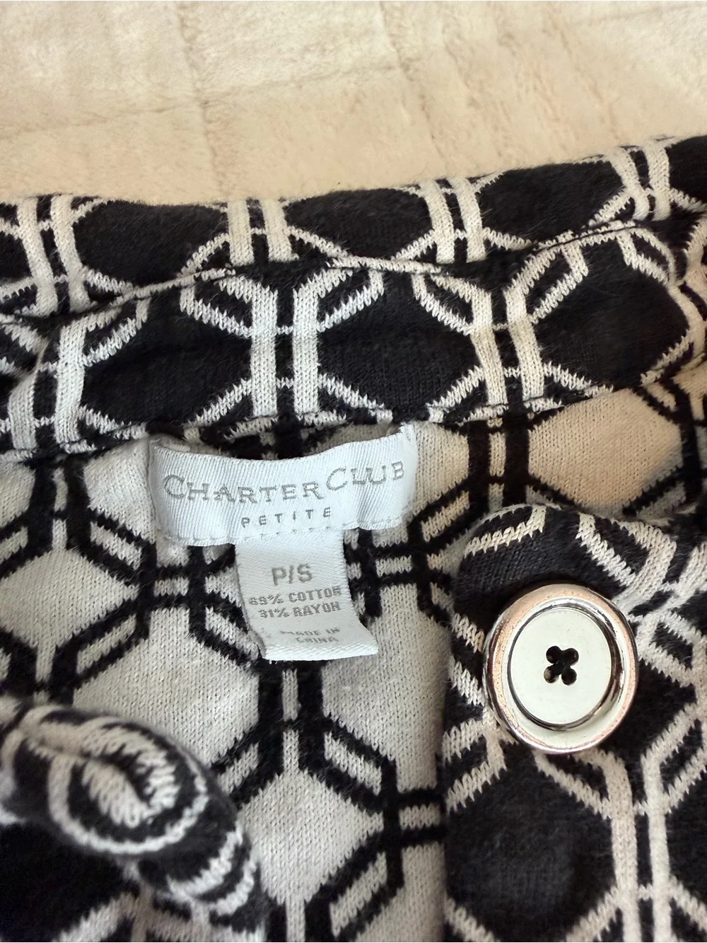 Charter Club Petite black white geometric knit button jacket P/S